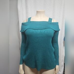 Nina Leonard Blue Off-the-Shoulder Sweater Ribbed Knit